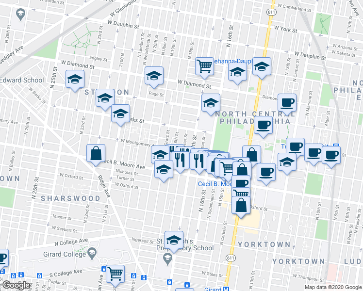 map of restaurants, bars, coffee shops, grocery stores, and more near 1731 West Montgomery Avenue in Philadelphia