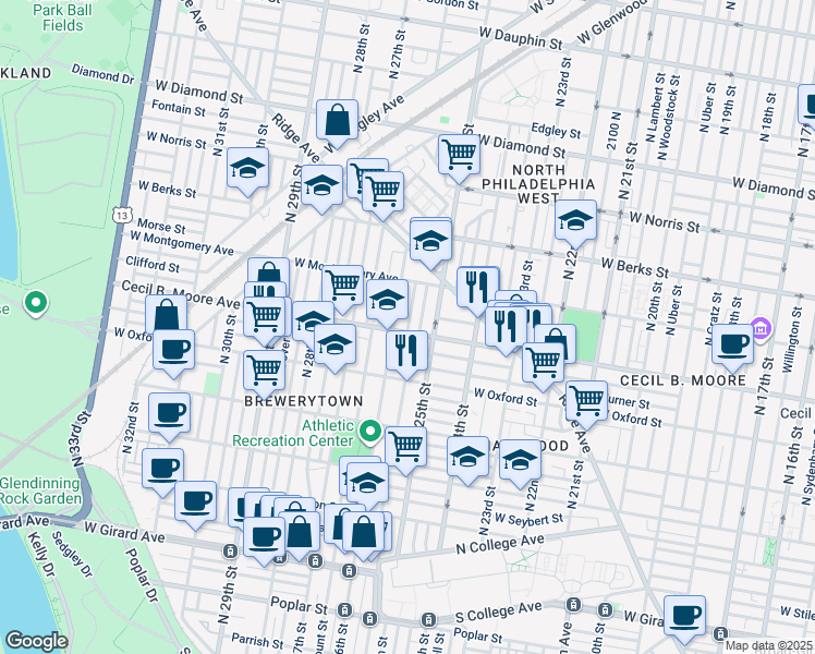 map of restaurants, bars, coffee shops, grocery stores, and more near 2519 Cecil B. Moore Avenue in Philadelphia