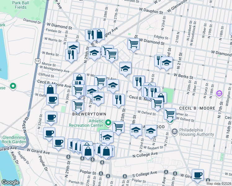map of restaurants, bars, coffee shops, grocery stores, and more near 2519 Cecil B. Moore Avenue in Philadelphia