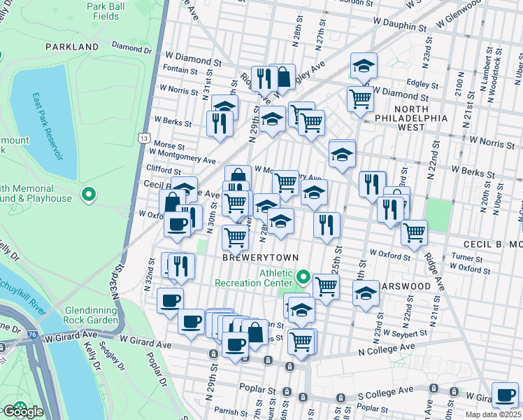 map of restaurants, bars, coffee shops, grocery stores, and more near 1647 North Newkirk Street in Philadelphia