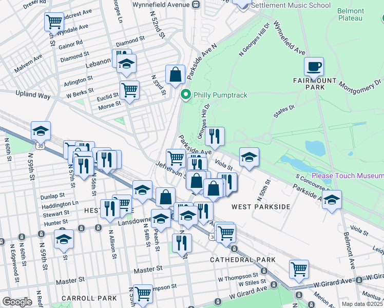 map of restaurants, bars, coffee shops, grocery stores, and more near 1743 North Lindenwood Street in Philadelphia