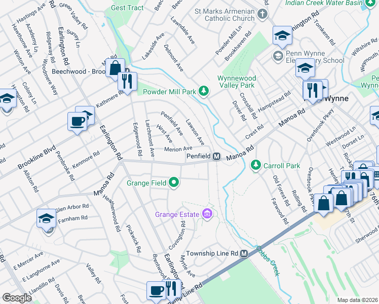 map of restaurants, bars, coffee shops, grocery stores, and more near 808 Hirst Avenue in Havertown