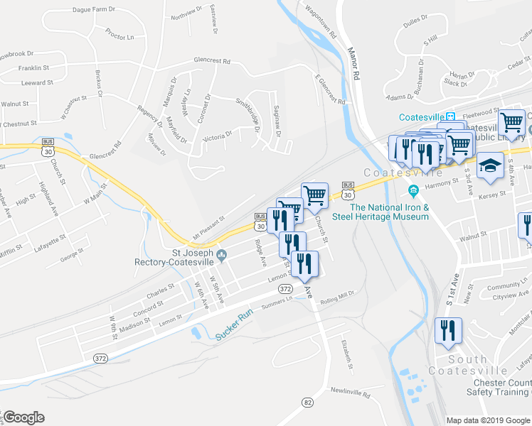 map of restaurants, bars, coffee shops, grocery stores, and more near 355 West Lincoln Highway in Coatesville