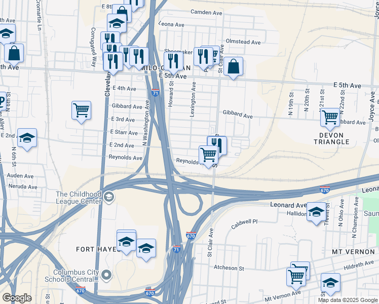 map of restaurants, bars, coffee shops, grocery stores, and more near 780 Reynolds Avenue in Columbus