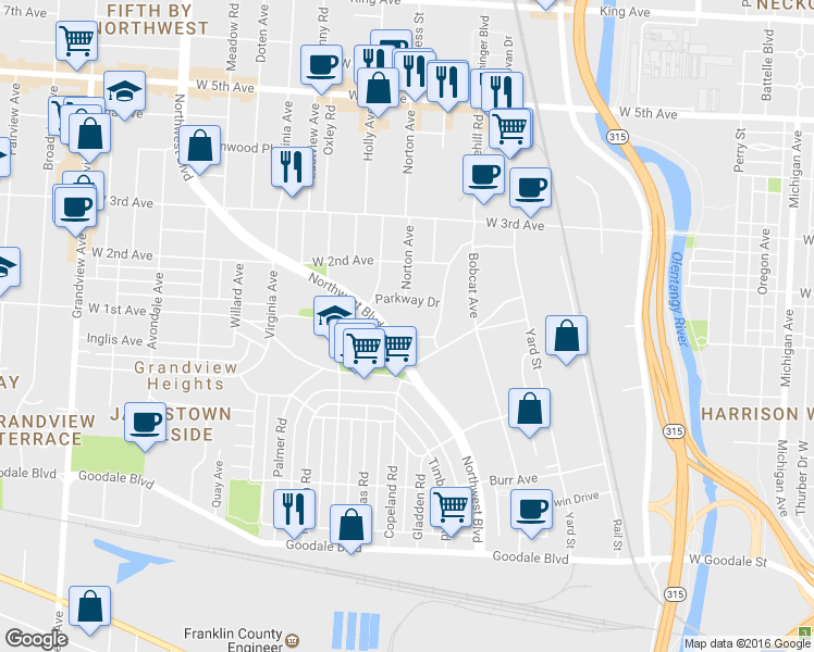 map of restaurants, bars, coffee shops, grocery stores, and more near 1030 Hilo Lane in Columbus