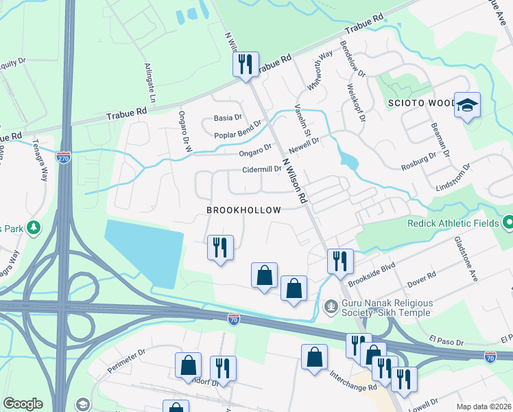 map of restaurants, bars, coffee shops, grocery stores, and more near 3891 Farm Brook Lane in Columbus