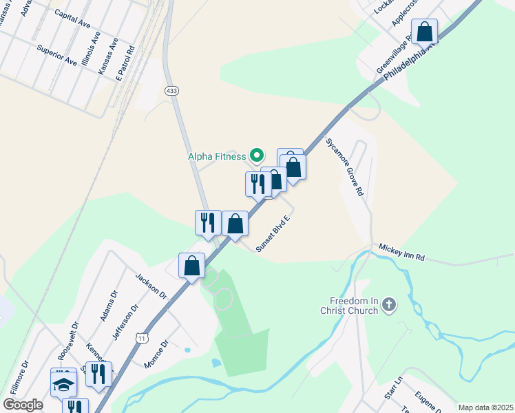 map of restaurants, bars, coffee shops, grocery stores, and more near 4170 Philadelphia Avenue in Chambersburg