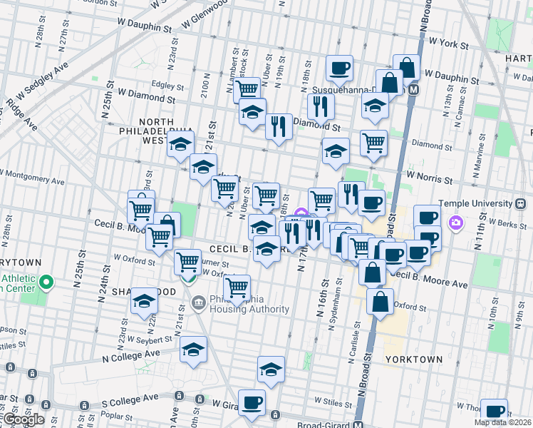 map of restaurants, bars, coffee shops, grocery stores, and more near 1830 West Montgomery Avenue in Philadelphia