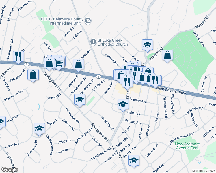 map of restaurants, bars, coffee shops, grocery stores, and more near 18 Davis Avenue in Broomall