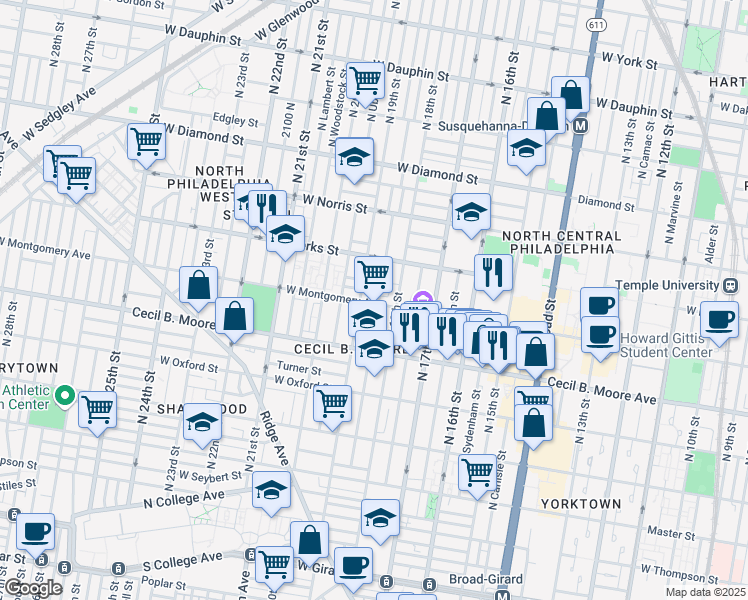 map of restaurants, bars, coffee shops, grocery stores, and more near 1815 West Montgomery Avenue in Philadelphia