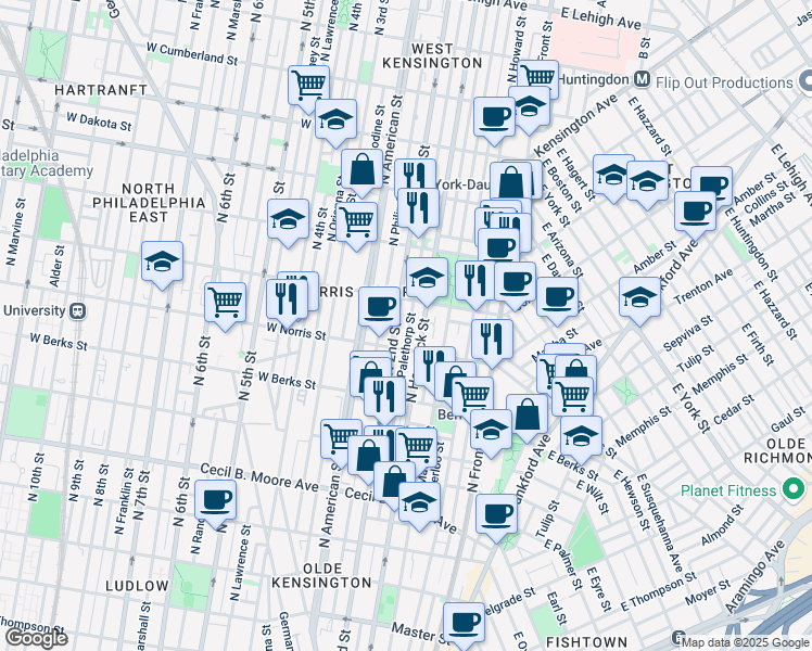 map of restaurants, bars, coffee shops, grocery stores, and more near 2024 North Palethorp Street in Philadelphia