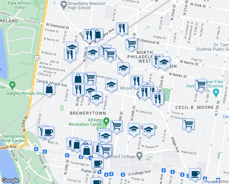 map of restaurants, bars, coffee shops, grocery stores, and more near 2537 Cecil B. Moore Avenue in Philadelphia