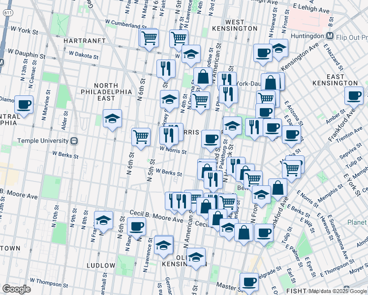 map of restaurants, bars, coffee shops, grocery stores, and more near 2003 North Orianna Street in Philadelphia