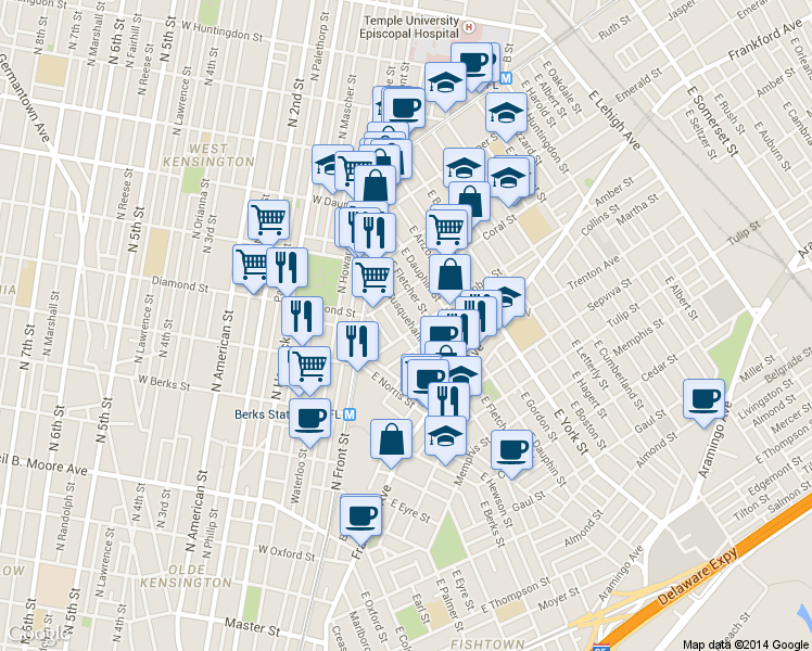 map of restaurants, bars, coffee shops, grocery stores, and more near 2078 East Susquehanna Avenue in Philadelphia