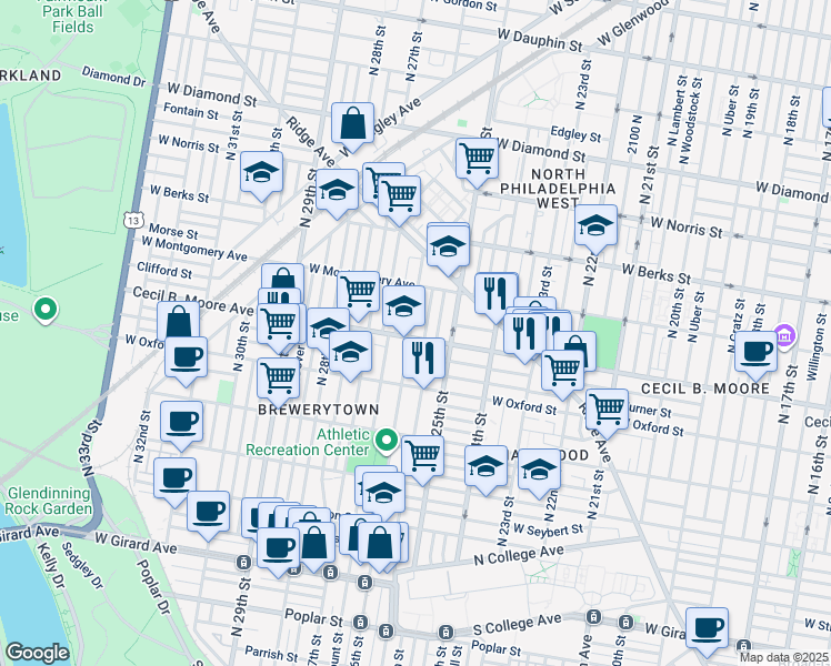 map of restaurants, bars, coffee shops, grocery stores, and more near 2537 Cecil B. Moore Avenue in Philadelphia