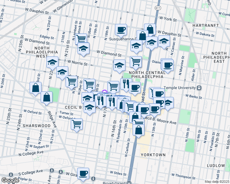 map of restaurants, bars, coffee shops, grocery stores, and more near 1827 Willington Street in Philadelphia