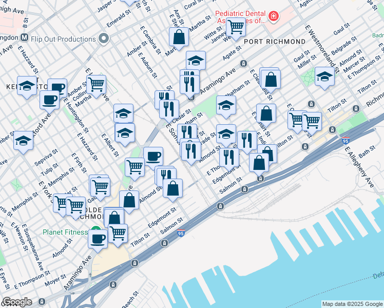map of restaurants, bars, coffee shops, grocery stores, and more near 2541 East Seltzer Street in Philadelphia