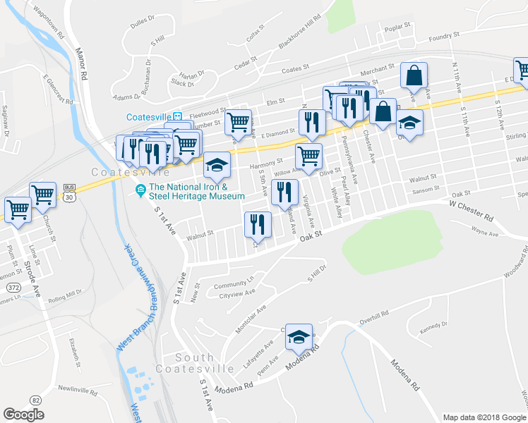 map of restaurants, bars, coffee shops, grocery stores, and more near 104 South 5th Avenue in Coatesville