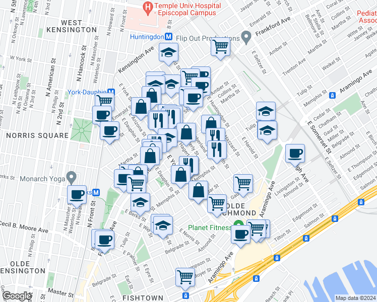 map of restaurants, bars, coffee shops, grocery stores, and more near 2171 East Hagert Street in Philadelphia