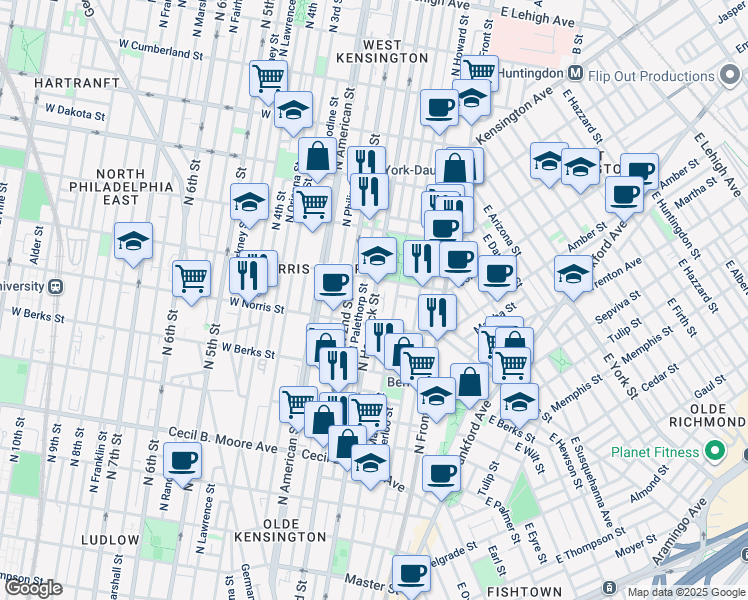 map of restaurants, bars, coffee shops, grocery stores, and more near 2030 North Hancock Street in Philadelphia