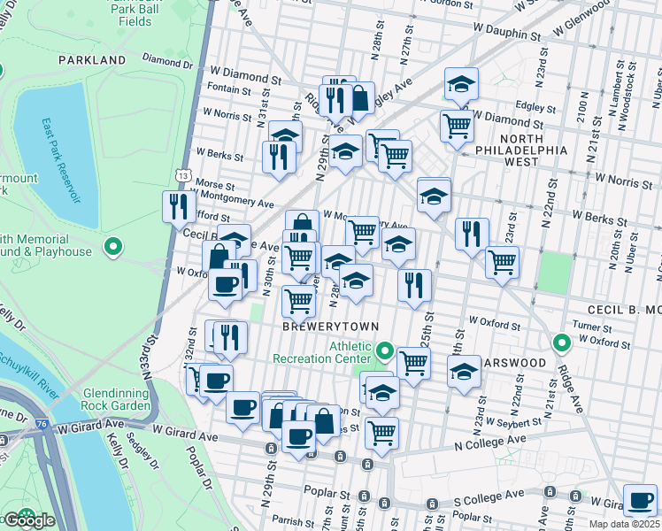 map of restaurants, bars, coffee shops, grocery stores, and more near 1647 North Newkirk Street in Philadelphia
