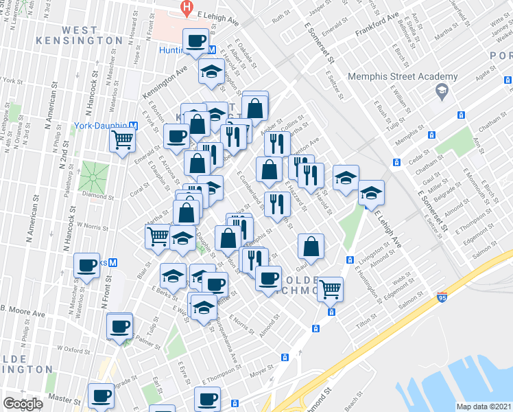 map of restaurants, bars, coffee shops, grocery stores, and more near 2206 East Cumberland Street in Philadelphia