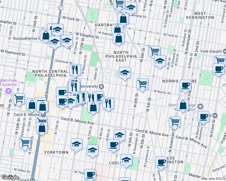 map of restaurants, bars, coffee shops, grocery stores, and more near 1937 North Darien Street in Philadelphia