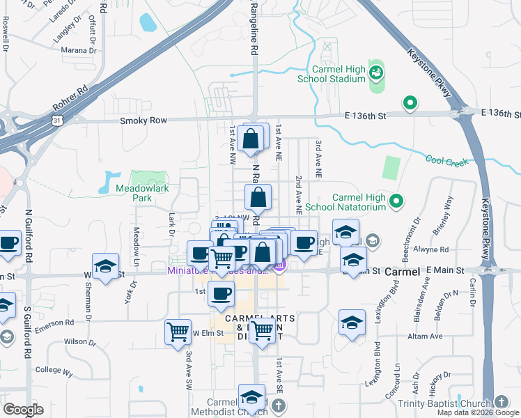map of restaurants, bars, coffee shops, grocery stores, and more near 321 North Rangeline Road in Carmel