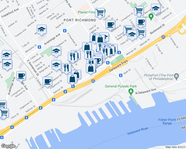 map of restaurants, bars, coffee shops, grocery stores, and more near 3055 Richmond Street in Philadelphia