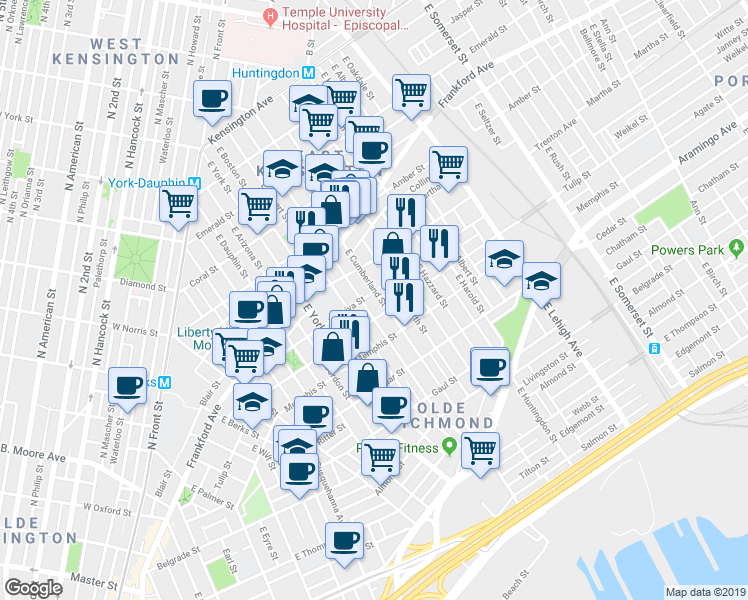 map of restaurants, bars, coffee shops, grocery stores, and more near 2206 East Cumberland Street in Philadelphia