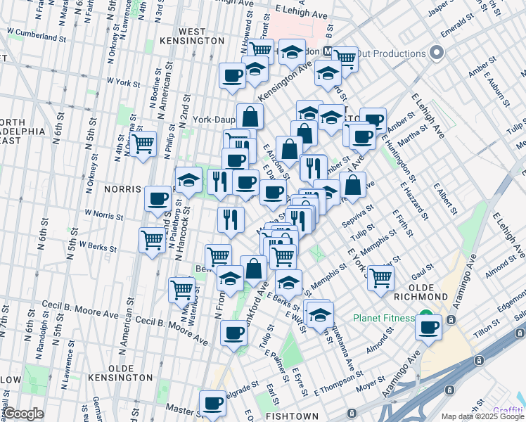 map of restaurants, bars, coffee shops, grocery stores, and more near 2078 East Susquehanna Avenue in Philadelphia