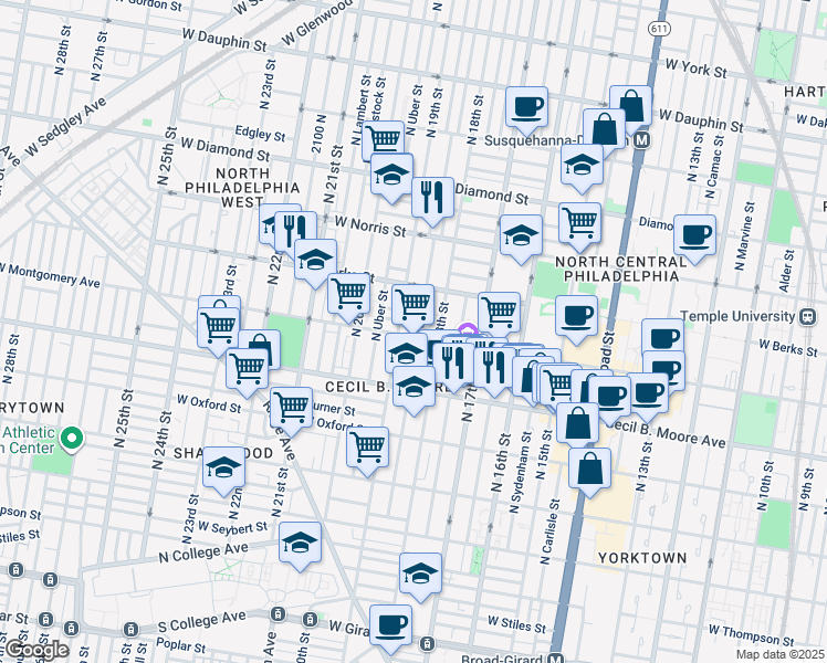 map of restaurants, bars, coffee shops, grocery stores, and more near 1815 West Montgomery Avenue in Philadelphia
