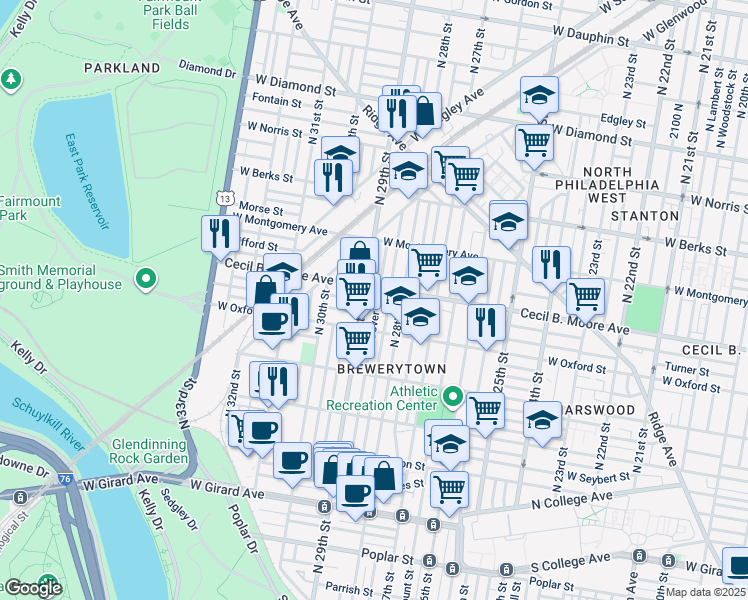 map of restaurants, bars, coffee shops, grocery stores, and more near 1642 North Dover Street in Philadelphia