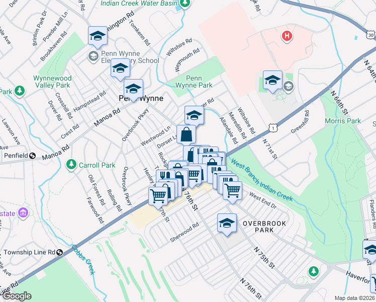 map of restaurants, bars, coffee shops, grocery stores, and more near 35 Haverford Road in Wynnewood