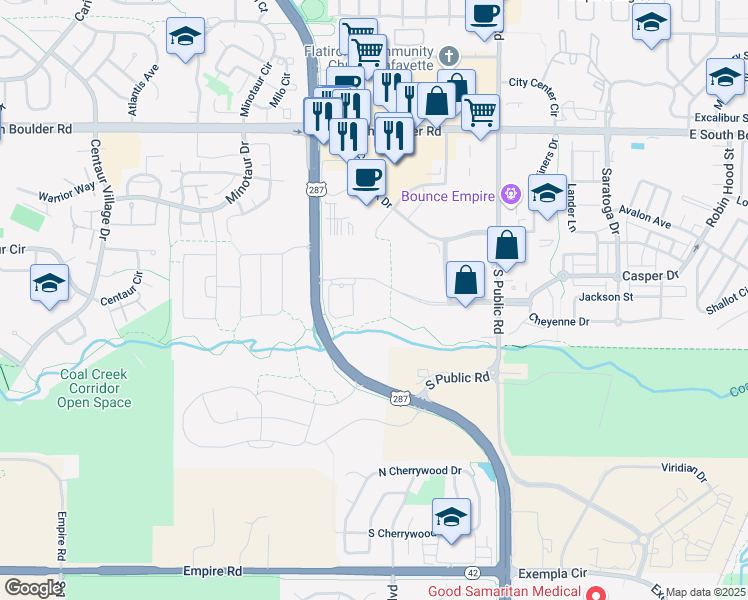 map of restaurants, bars, coffee shops, grocery stores, and more near 580 Old Laramie Trail East in Lafayette