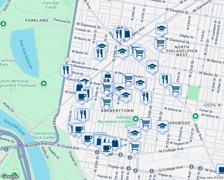 map of restaurants, bars, coffee shops, grocery stores, and more near 1642 North Dover Street in Philadelphia