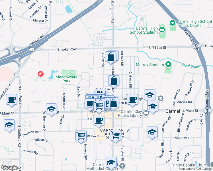 map of restaurants, bars, coffee shops, grocery stores, and more near 310 1st Avenue Northwest in Carmel