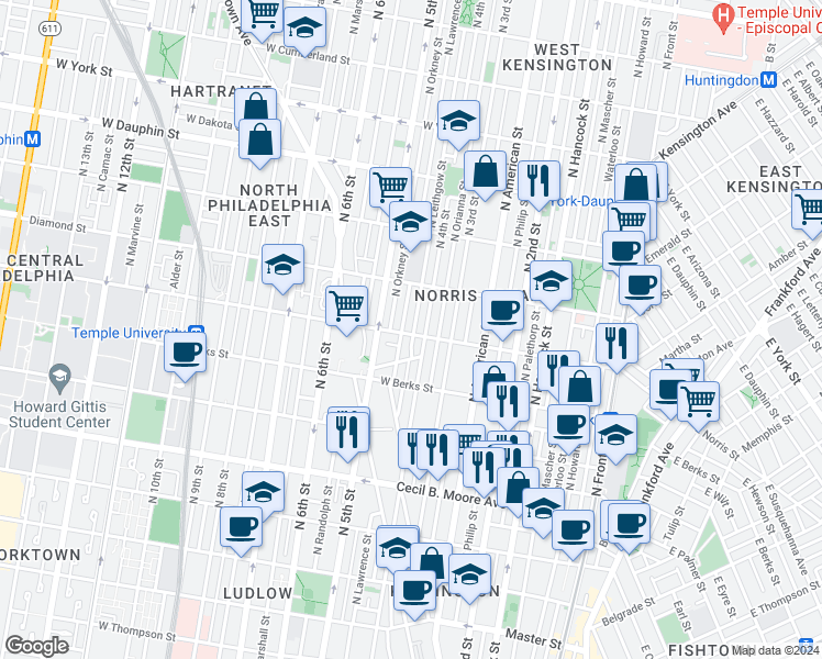 map of restaurants, bars, coffee shops, grocery stores, and more near 415 West Norris Street in Philadelphia