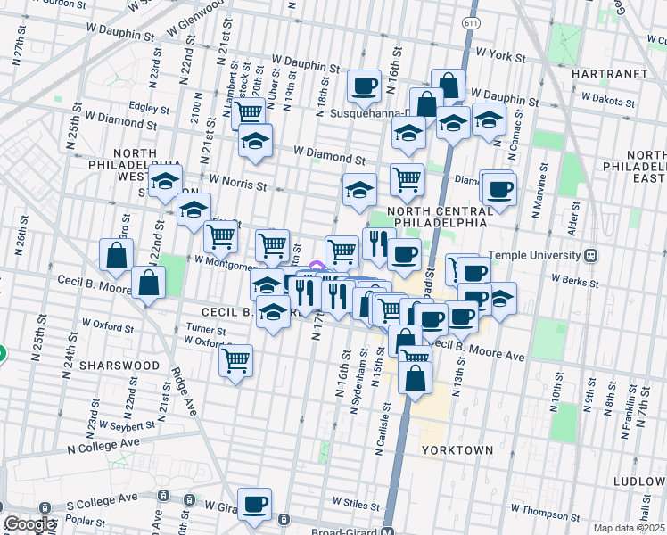 map of restaurants, bars, coffee shops, grocery stores, and more near 1821 North 17th Street in Philadelphia