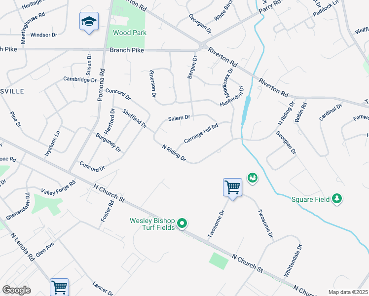 map of restaurants, bars, coffee shops, grocery stores, and more near 261 North Riding Drive in Moorestown