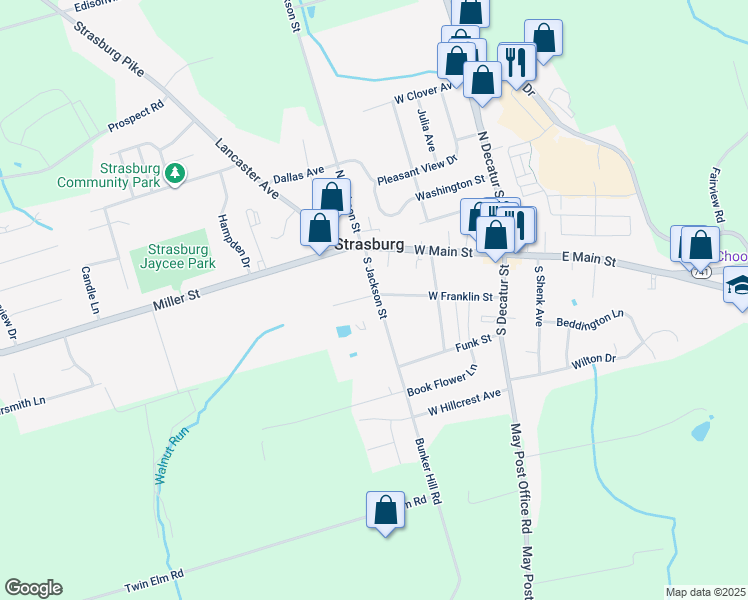 map of restaurants, bars, coffee shops, grocery stores, and more near 101 South Jackson Street in Strasburg