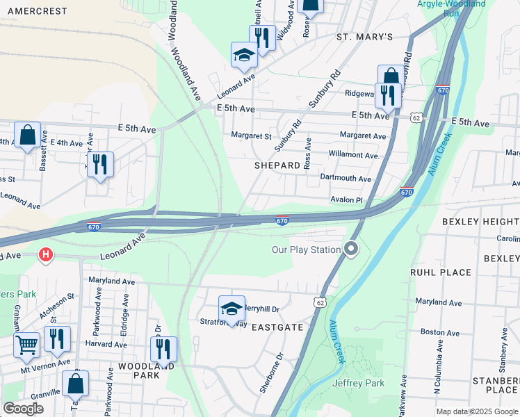 map of restaurants, bars, coffee shops, grocery stores, and more near 653 Cumberland Street in Columbus