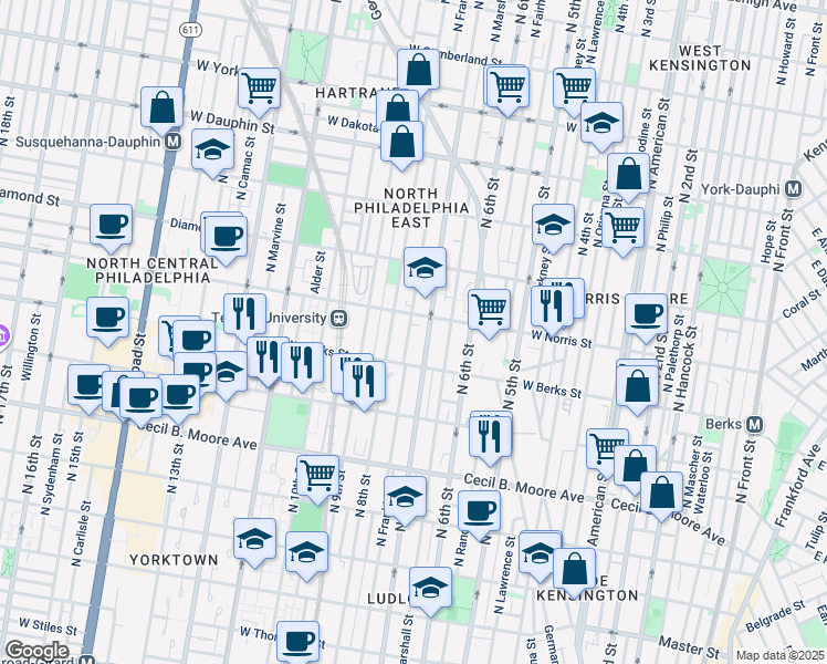 map of restaurants, bars, coffee shops, grocery stores, and more near 1921 North Franklin Street in Philadelphia