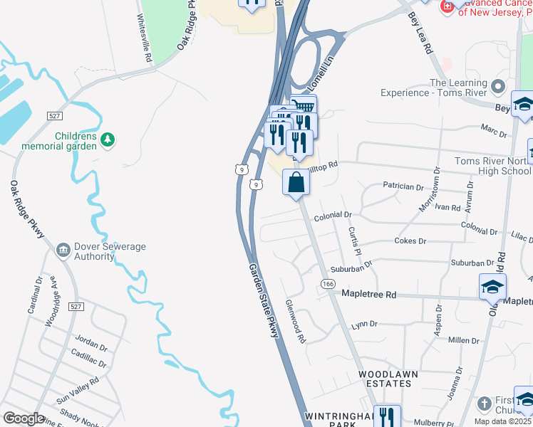map of restaurants, bars, coffee shops, grocery stores, and more near 25 Albert Avenue in Toms River