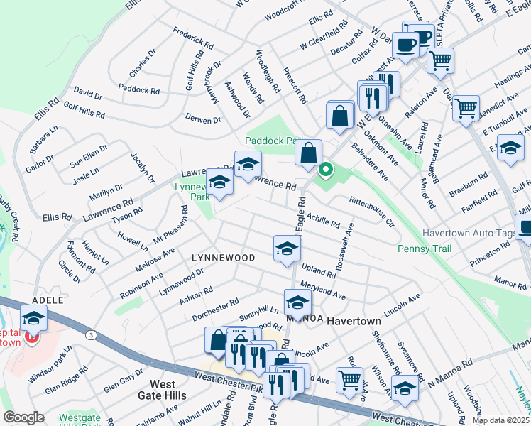 map of restaurants, bars, coffee shops, grocery stores, and more near 1347 Harrington Road in Havertown
