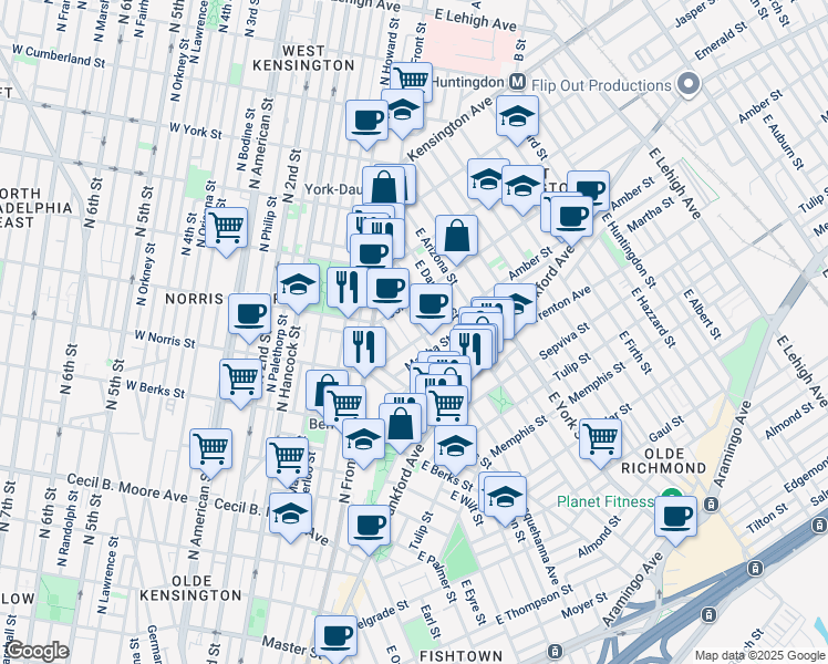 map of restaurants, bars, coffee shops, grocery stores, and more near 2076 East Susquehanna Avenue in Philadelphia
