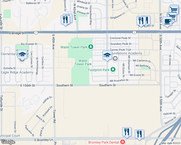 map of restaurants, bars, coffee shops, grocery stores, and more near 413 Mount Elbert Street in Brighton