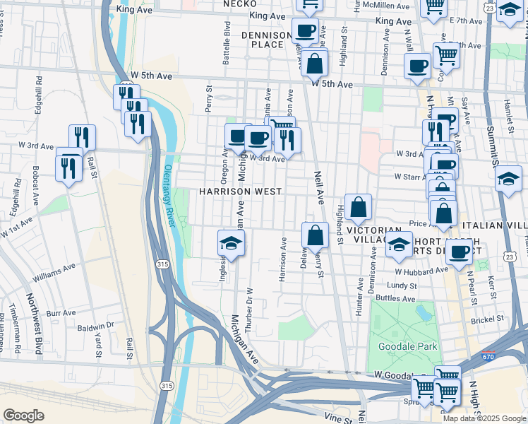 map of restaurants, bars, coffee shops, grocery stores, and more near 992 Pennsylvania Avenue in Columbus
