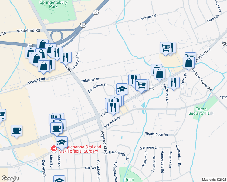 map of restaurants, bars, coffee shops, grocery stores, and more near 20 Eisenhower Drive in York