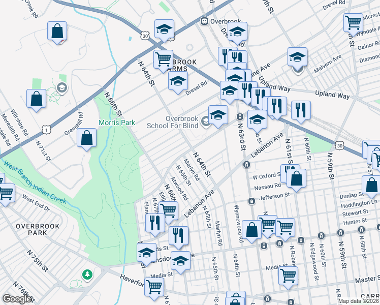 map of restaurants, bars, coffee shops, grocery stores, and more near 1230 North 64th Street in Philadelphia